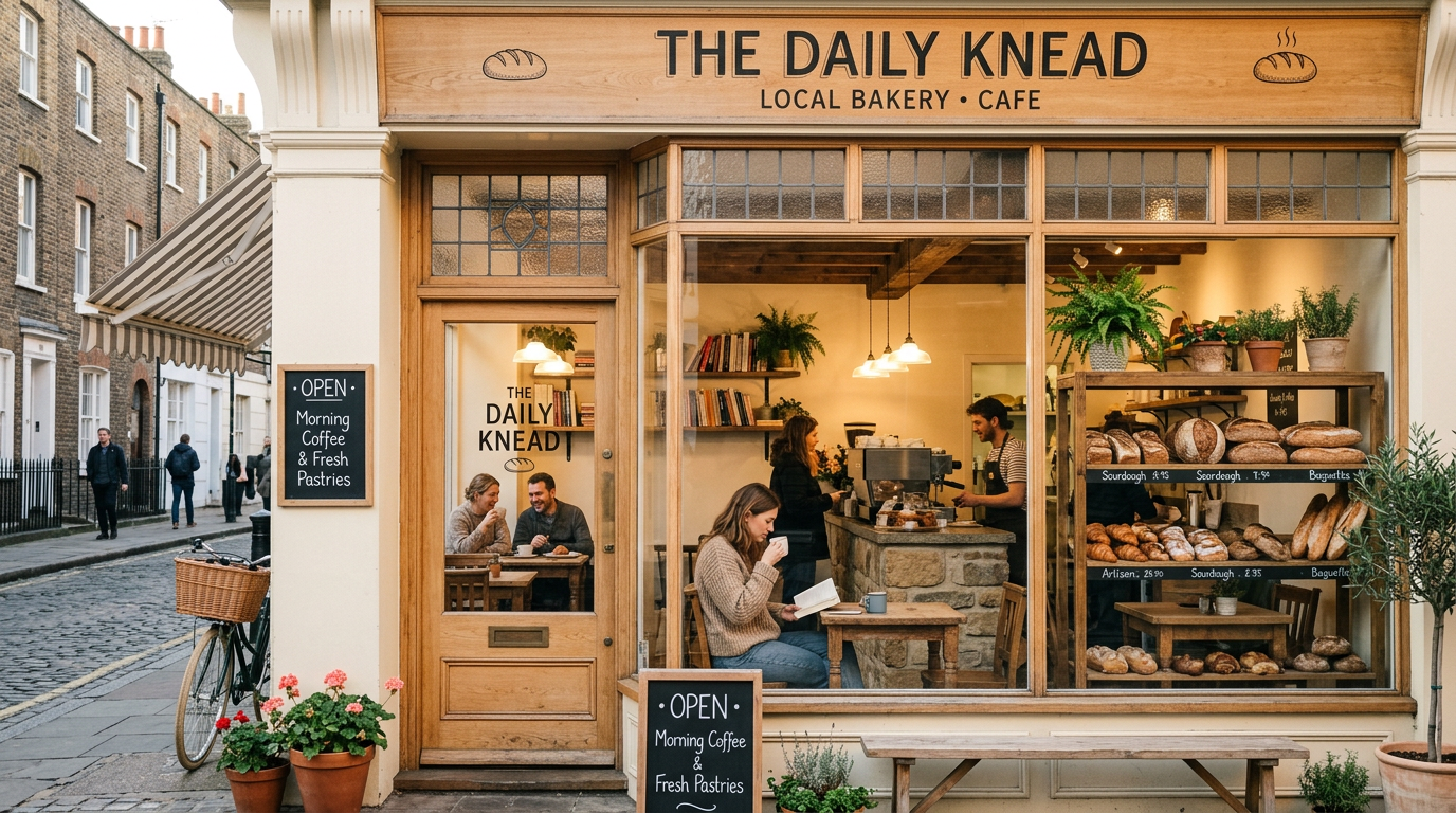 Warm and inviting Sweet Crumbs bakery storefront